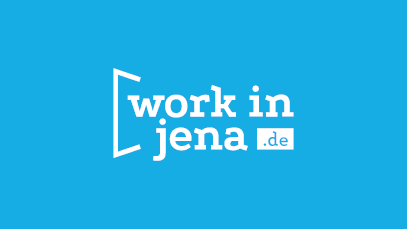 Symbolbild für Verlinkung zu Work in Jena - Logo des Angebots (weißes Icon auf blauem Hintergrund).