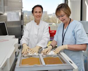 Pharmazeutin Christina Weinigel und Schwester Gerlinde Franke (re.) vom Institut für Transfusionsmedizin am UKJ bei der Herstellung des hier entwickelten neuen Apheresefrischplasmapräparates. Foto: M. Szabo/ UKJ 