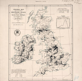 Die Karte zeigt die Cholera-Ausbrüche in England von 1831 bis 1833. (bearbeitet, im Original: August Petermann (1848): Cholera Map of the British Isles showing the Districts attacked in 1831, 1832, 1833. Staatsbibliothek Berlin – Preußischer Kulturbesitz, Kart GfE V 6,3. http://www.nlga.niedersachsen.de/portal/live.php?navigation_id=30666&article_id=105707&_psmand=20, Abrufdatum: 3. Februar 2014