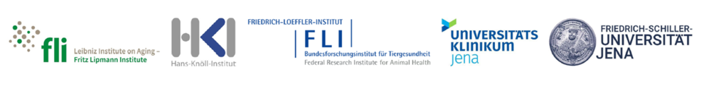 Die Logos vom Fritz-Lippmann-Institut, Hans-Knöll-Institut, Friedrich-Loeffler-Institut sowie des Universitätsklinikums Jena und der Friedrich-Schiller-Universität Jena.