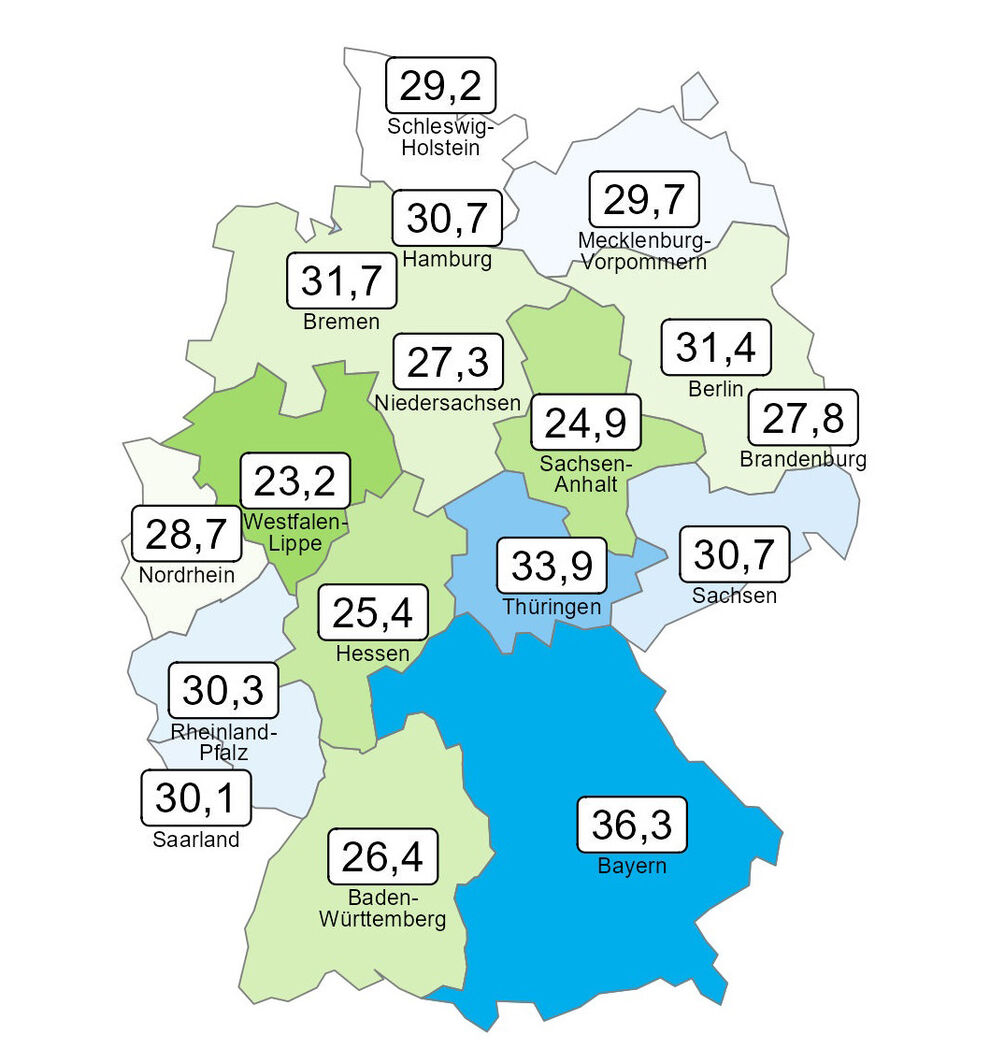 Regionale Unterschiede in der Ergebnisqualität palliativer Versorgung: Anteile der 2016-2021 verstorbenen und zuvor palliativ versorgten BARMER-Versicherten, die im Krankenhaus verstorben sind. Quelle: pallCompare Monitor Hospiz- und Palliativversorgung