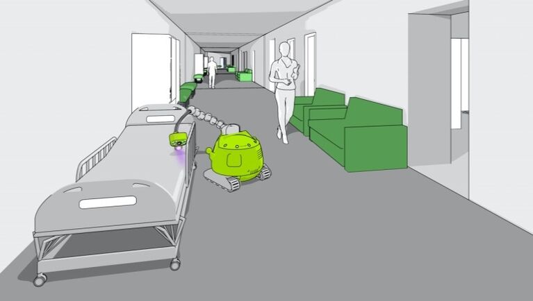 Designstudie und schematische Darstellung der „3DecontaminAid“-Desinfektions¬roboterplattform zur berührungslosen Oberflächendesinfektion mittels UV-Strahlung