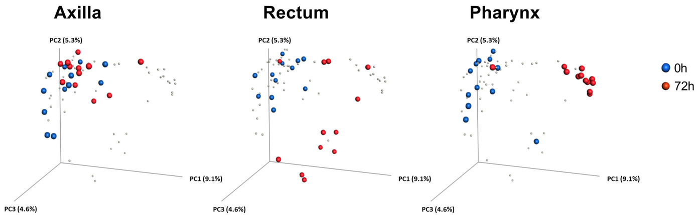 Diversity metrics of the newborn's microbial communities at the time of birth and after 72 h of life, as measured by principal coordinate analysis. Each point corresponds to a community colored according to the time point of sampling (0 h in blue vs. 72 h in red).