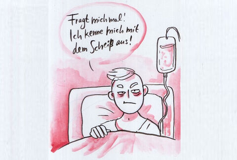 Zeichnung eines Patienten im Krankenbett, der sagt: \