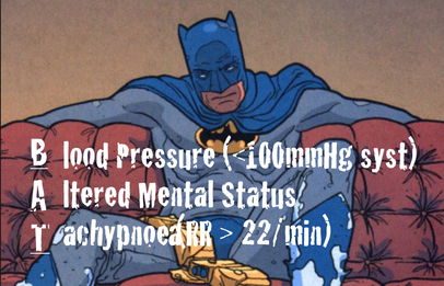 The use of the so-called qSOFA score is recommended in order to assess sepsis in out-of-hospital settings or emergency departments. Easier to memorize is the acronym BAT. Source: Crit Cloud (www.crit.cloud) 