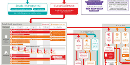 Was sollten Ärzte bei der Behandlung von Patienten mit Verdacht auf Sepsis beachten?
Die Infografik illustriert detailliert das Vorgehen nach der Richtlinie des National Institute for Health and Care Excellence (NICE). Quelle: BMJ 2016;354:i4030