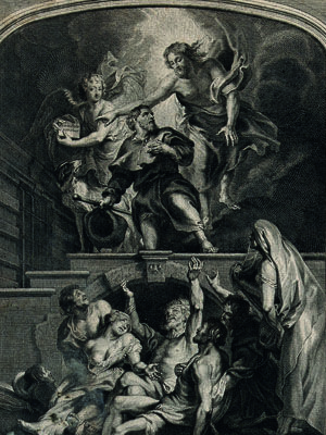 Bildausschnitt: Der Heilige Rochus bittet Christus für Pestopfer in einem Seuchenkrankenhaus. Tiefdruck von G. Audran (1640–1703), nach P. P. Rubens (1577–1640). Bildquelle: Wellcome Collection; 
Creative Commons Attribution (CC BY 4.0)