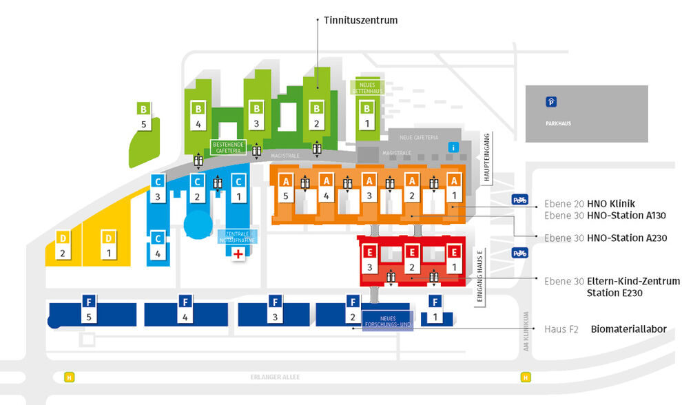 Wegweiser zur HNO-Klinik, dem Tinnituszentrum und dem Eltern-Kind-Zentrum