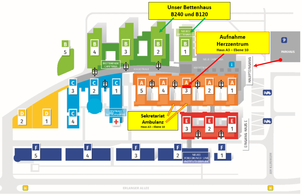 Vom Parkhaus gehen Sie direkt zum Haupteingang. Im Eingangsbereich befindet sich der zentrale Infostand. 
Die Patientenanmeldung im Herzzentrum (stationär und ambulant), die Ambulanz und die Sekretariate der Klinik für Herz- und Thoraxchirurgie befinden sich im Haus A3 – Ebene 10.