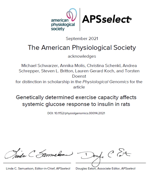 <br />Physiol Genomik
. 23.07.2021 doi: 10.1152/physiolgenomics.00014.2021. Online vor Druck.<br /><br />
Genetisch bedingte körperliche Leistungsfähigkeit beeinflusst die systemische Glukosereaktion auf Insulin bei Ratten<br /><br />
Michael Schwarzer, Annika Molis, Christina Schenkl, Andrea Schrepper, Steven L Britton, Lauren G Koch, Torsten Doenst<br />