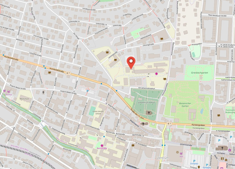 The location of the MRT research center is marked on the map.  
map © OpenStreetMap contributors and licensed by openstreetmap.org under CC-BY-SA. The marker is from  paomedia auf https://www.iconfinder.com/icons/299087/map_marker_icon licensed under CC BY 3.0.
