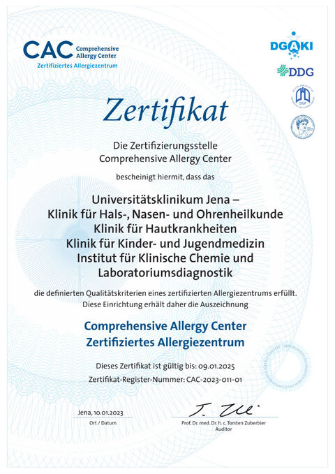 Zertifikat der Zertifizierungsstelle Comprehensive Allergy Center