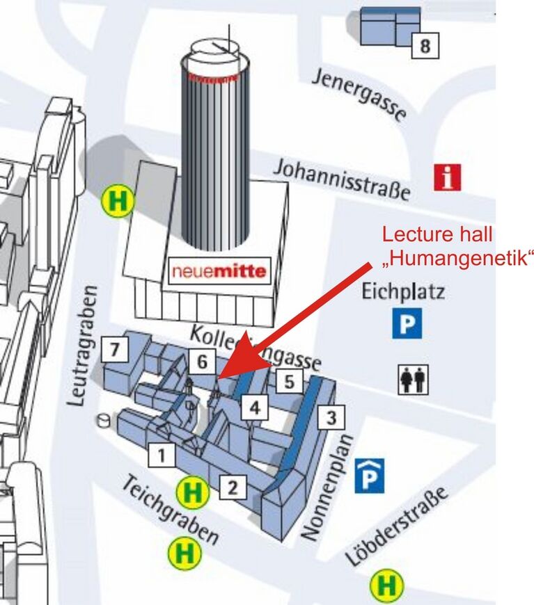 Map of the Theoretical Institutes of the Medical Faculty (1 = Institute of Anatomy, 2 = Institute of Physiology I, 3 = Institutes of Biochemistry, 4 = Lecture hall \