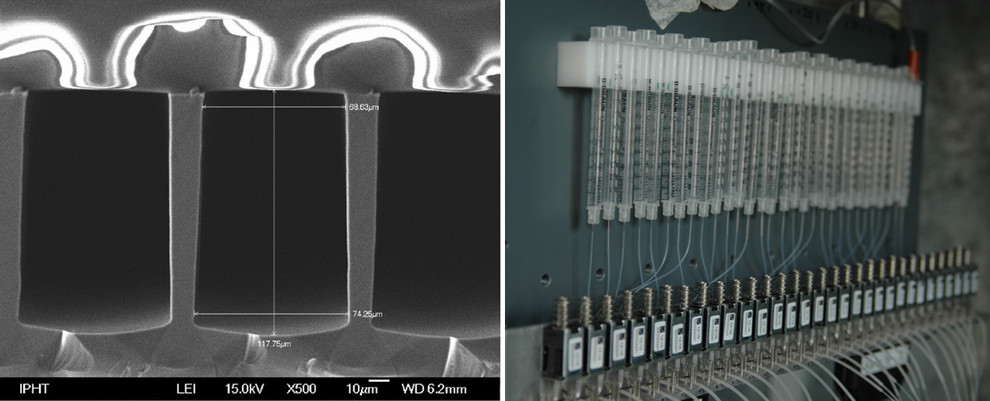 30 microfluidic  channels are moced by a piezzo device and allow fast concentration protocols appied to a patch. Left: REM-image of the Channel outlet
