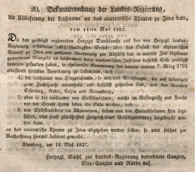 Bekanntmachung der Sächsischen Landesregierung vom 4. Mai 1827 zur Ablieferung der Leichname von Hingerichteten und Selbstmördern an die Jenaer Anatomie
